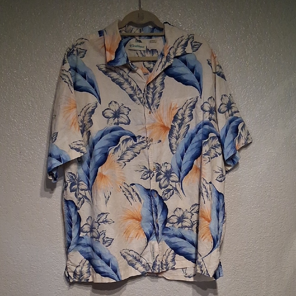 Caribbean Cream Hawaiian Shirt with Blue and Orange Floral Print